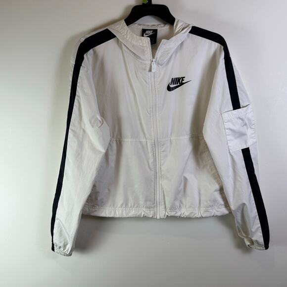 Nike white athletic running windbreaker black arm stripe jacket womens Small - Picture 1 of 9